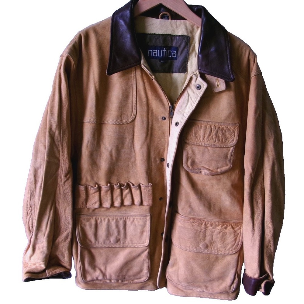 Vintage 90s Nautica Hunting Barn Chore Coat Jacket Tan Leather Collar Size 40